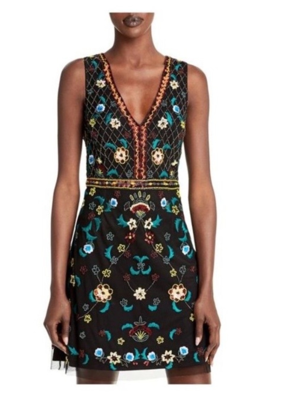 NWT Aidan Mattox Embroidered V-Neck Black Floral Cocktail Dress 6